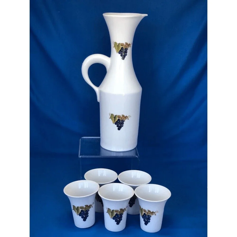 Vintage Naaman Israel Porcelain Grapes Decanter Pitcher & 5 Cups 6pc